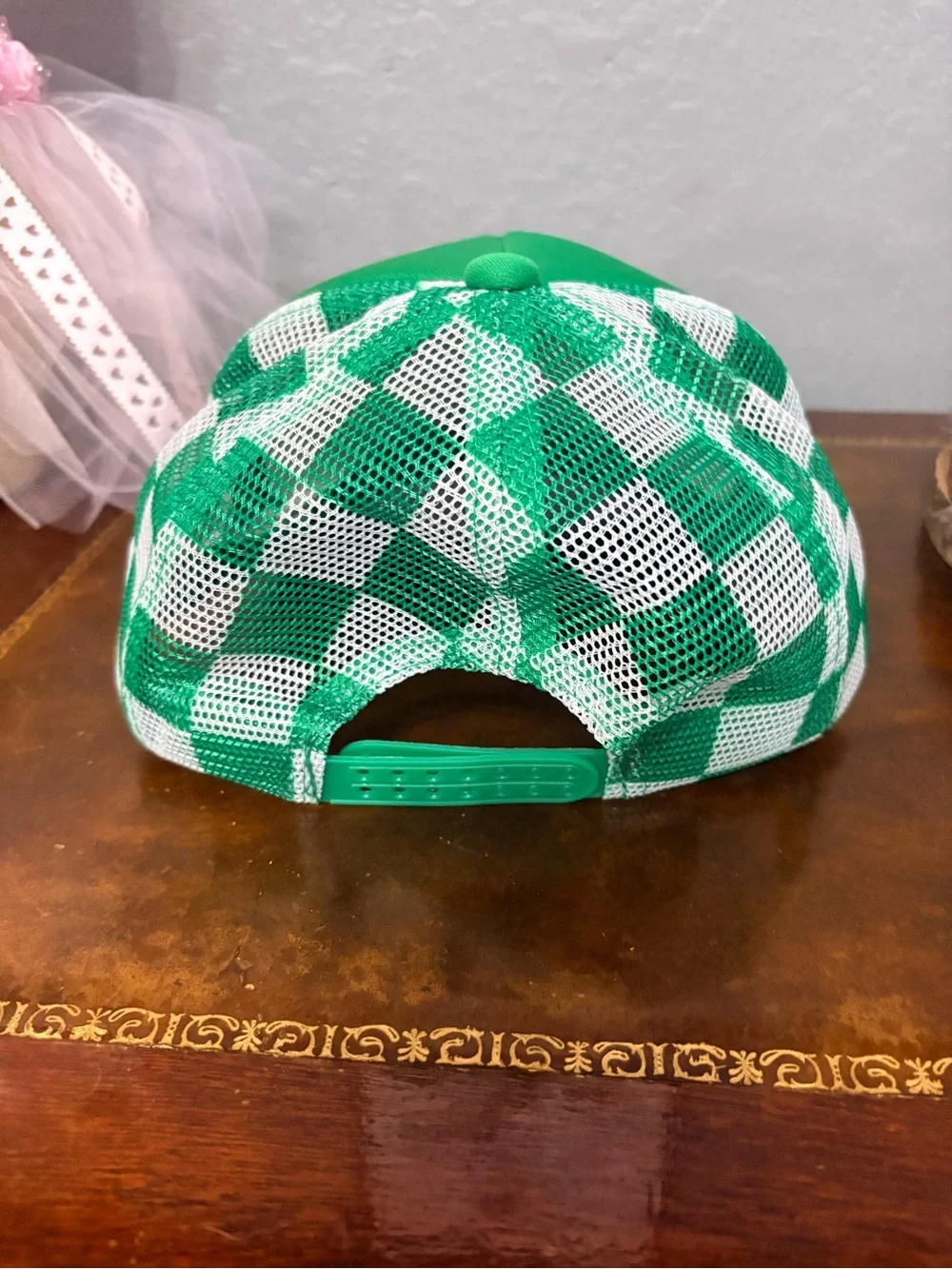 NWT Green Trucker Hat with White Bow Graphic